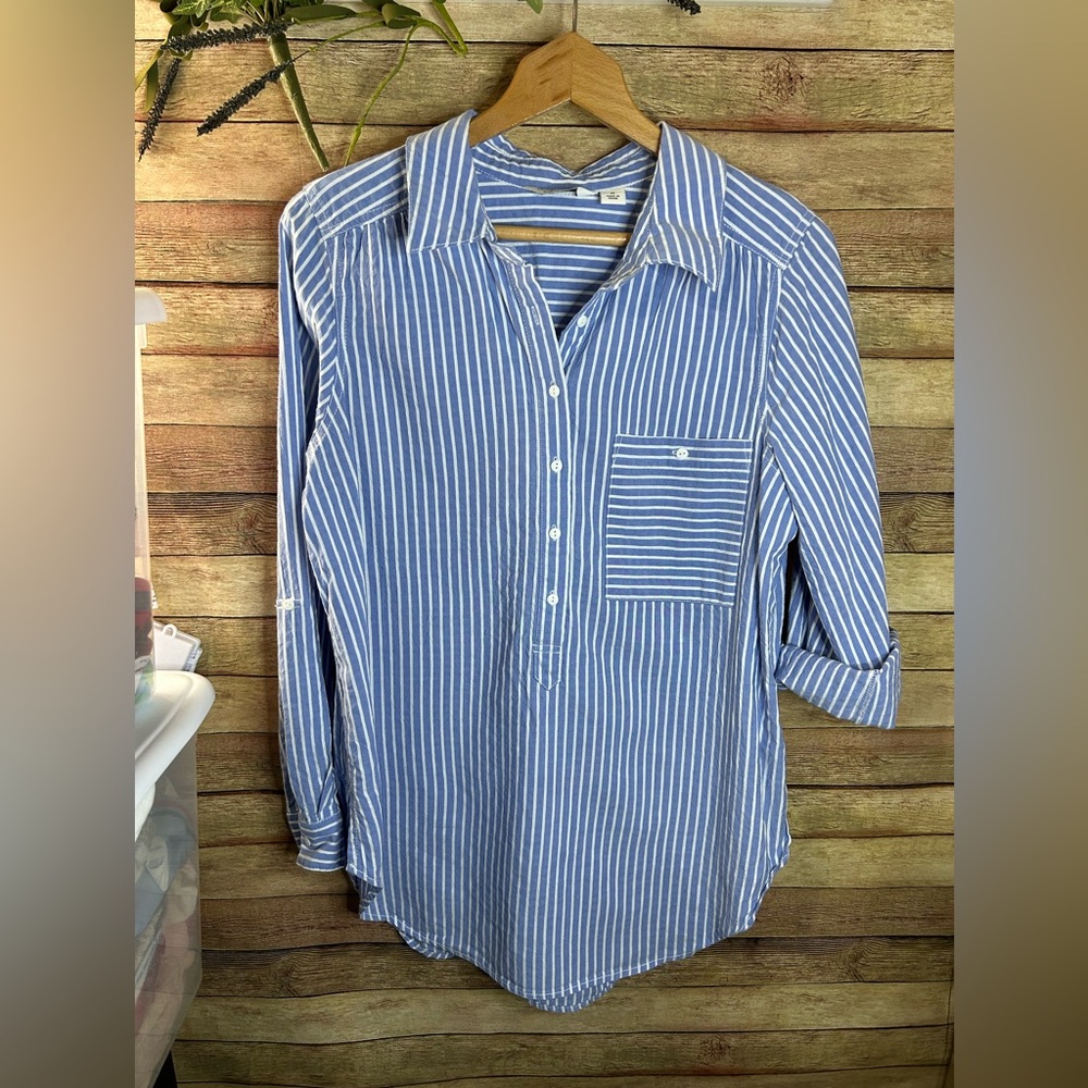Caffe Marrakesh Blue/White Striped Tunic Adjustable Sleeves Button Up Size M